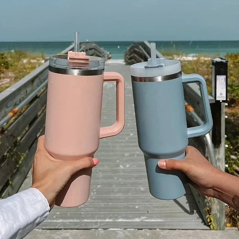 1Pc Insulated Reusable Double Wall Tumbler with Handle and Straw Lid, Stainless Steel Water Bottle, Travel Mug, 40 OZ